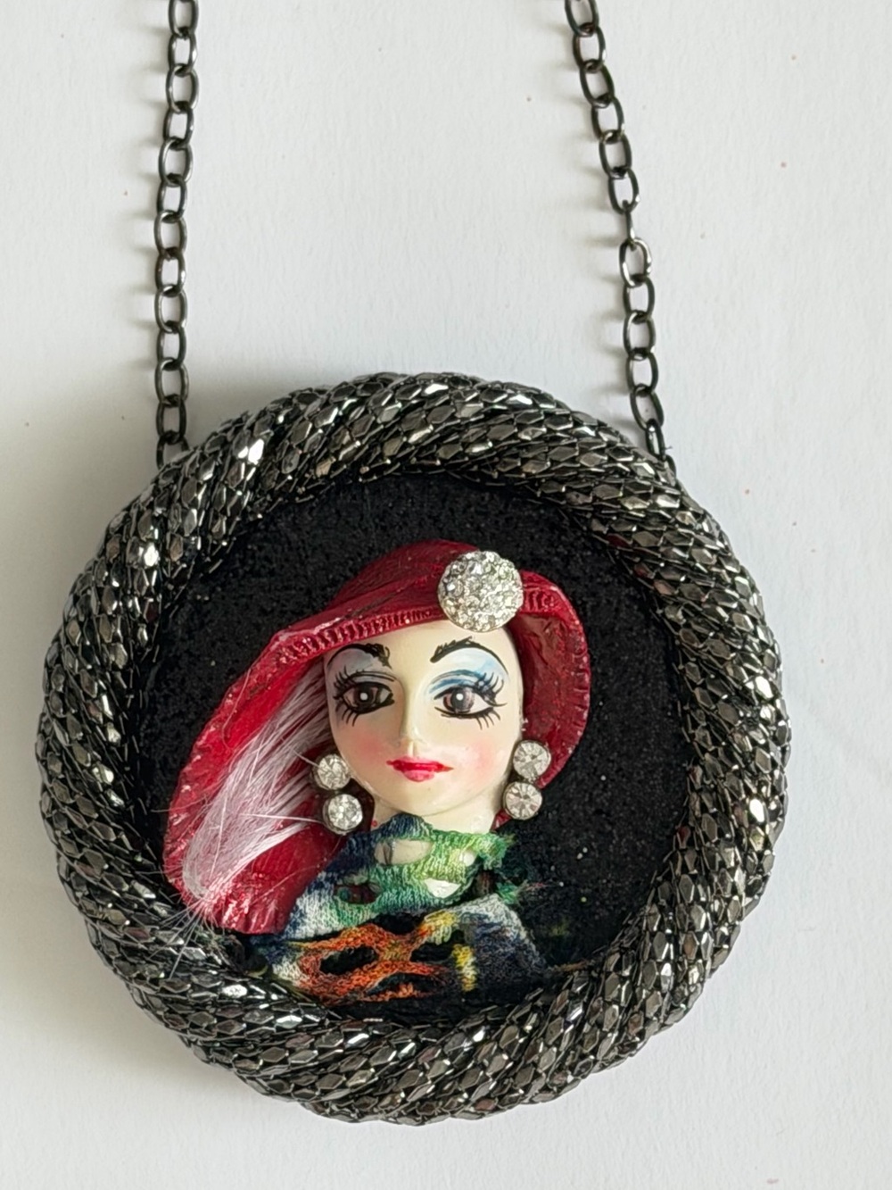 Handcrafted one of a kind Doll Face Pendant Necklace in Black and Red